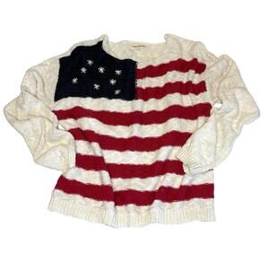Lucky Brand USA Flag Sweater Women's L | White Red Blue Knit Pullover Patriotic